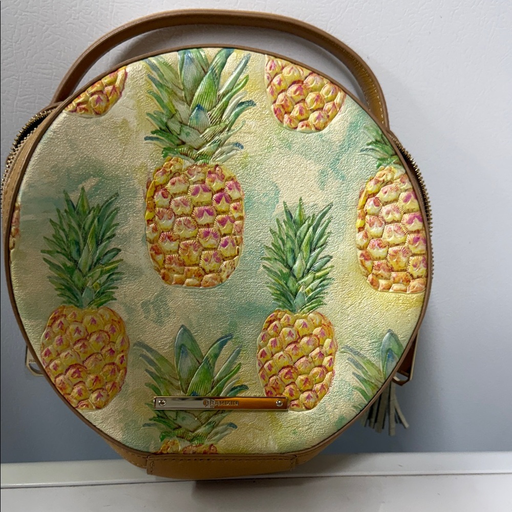 Brahmin Genuine tan Leather Round purse 
 decorated with pineapples